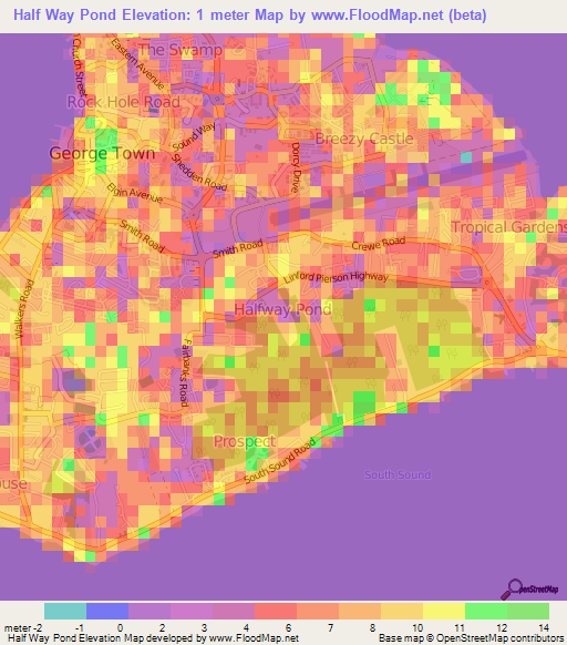 Half Way Pond,Cayman Islands Elevation Map