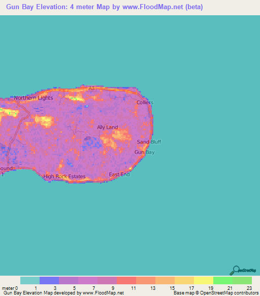 Gun Bay,Cayman Islands Elevation Map