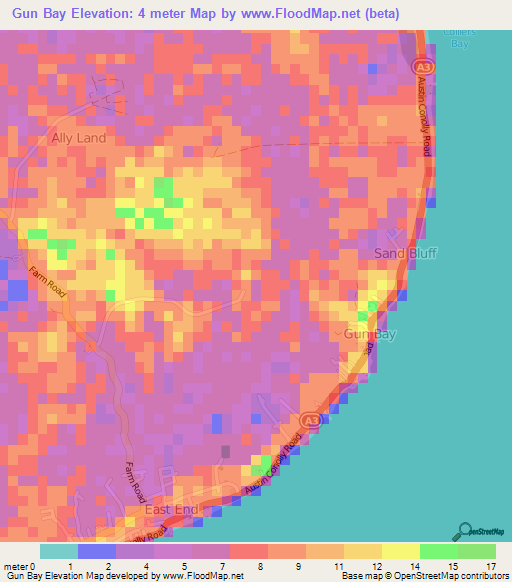 Gun Bay,Cayman Islands Elevation Map