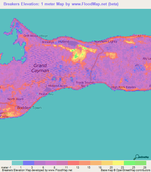 Breakers,Cayman Islands Elevation Map