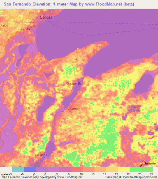 San Fernando,Belize Elevation Map