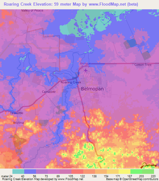 Roaring Creek,Belize Elevation Map