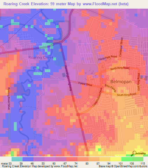 Roaring Creek,Belize Elevation Map