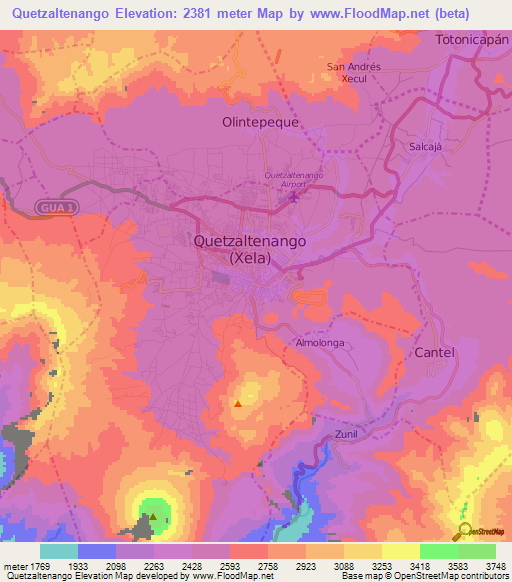 Quetzaltenango,Guatemala Elevation Map