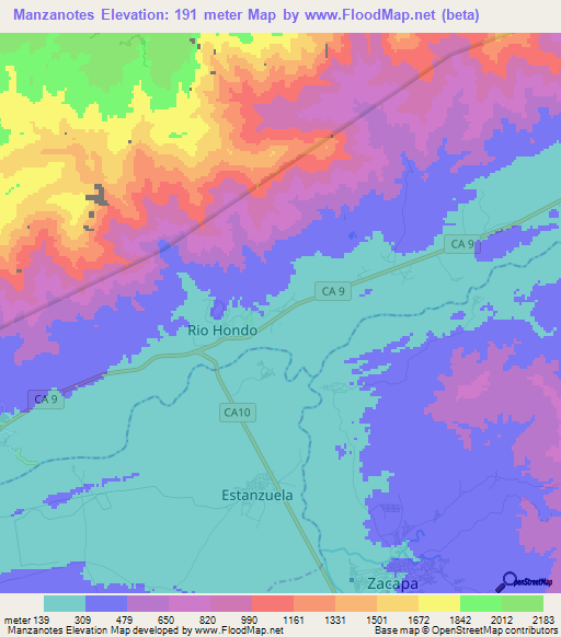 Manzanotes,Guatemala Elevation Map