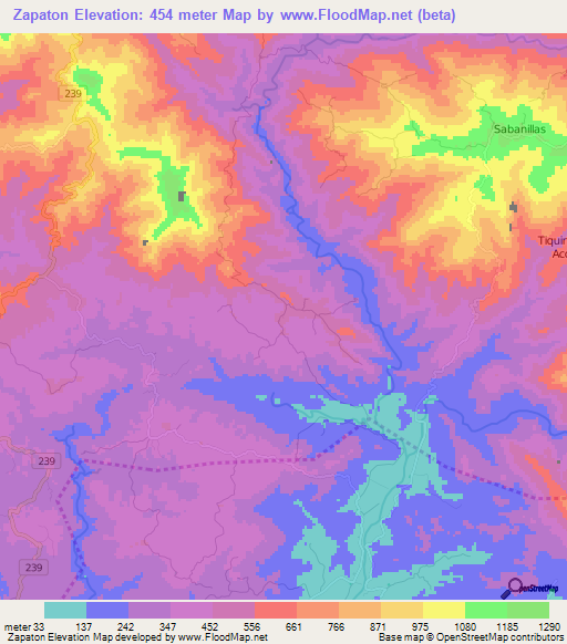 Zapaton,Costa Rica Elevation Map