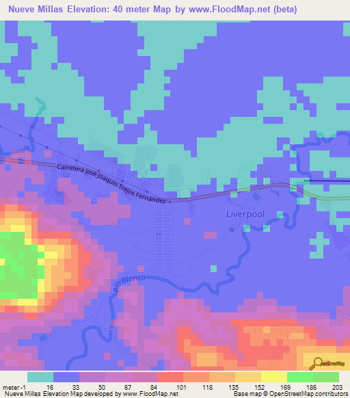 Nueve Millas,Costa Rica Elevation Map