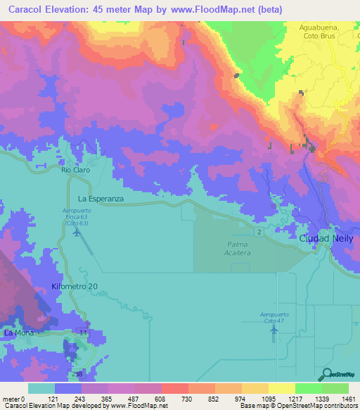 Caracol,Costa Rica Elevation Map