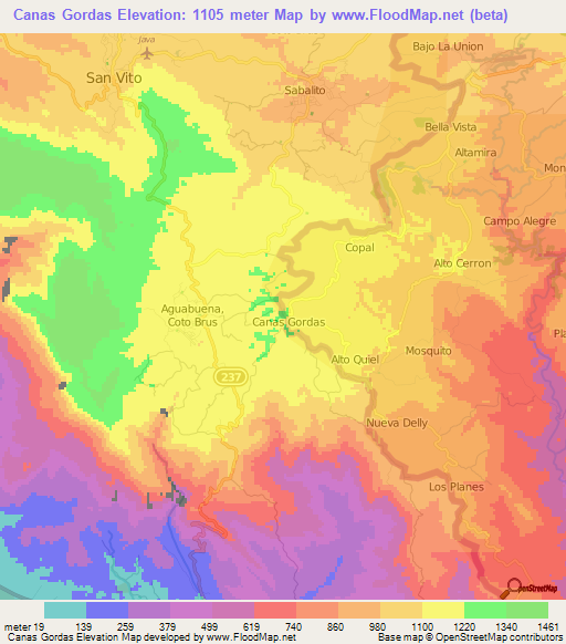 Canas Gordas,Costa Rica Elevation Map