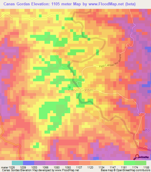 Canas Gordas,Costa Rica Elevation Map