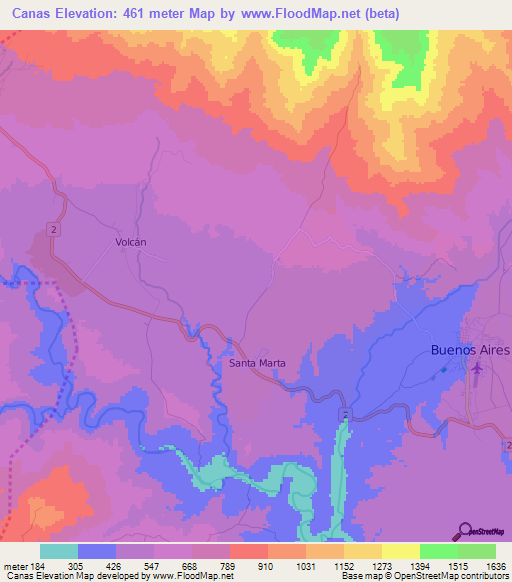 Canas,Costa Rica Elevation Map