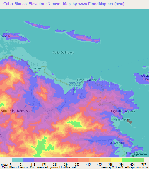 Cabo Blanco,Costa Rica Elevation Map