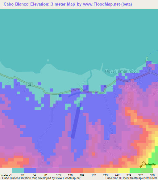 Cabo Blanco,Costa Rica Elevation Map