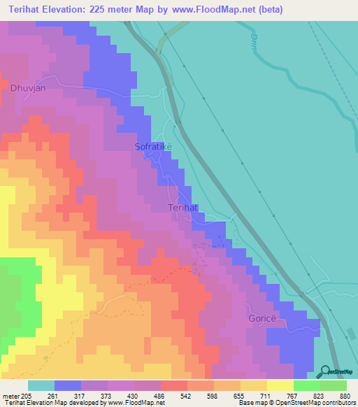 Terihat,Albania Elevation Map