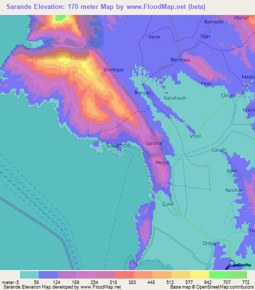 Sarande,Albania Elevation Map