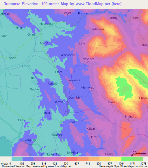 Rumanxe,Albania Elevation Map