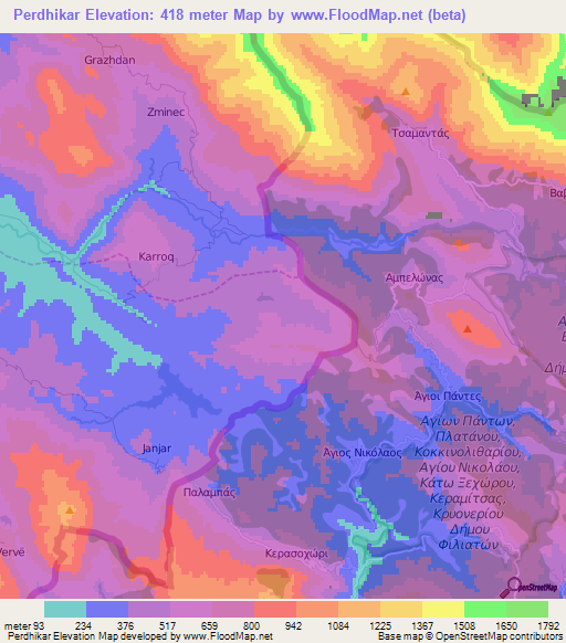 Perdhikar,Albania Elevation Map