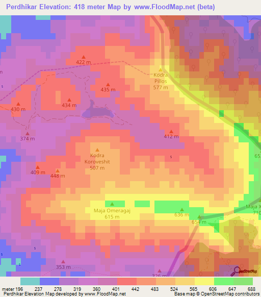 Perdhikar,Albania Elevation Map