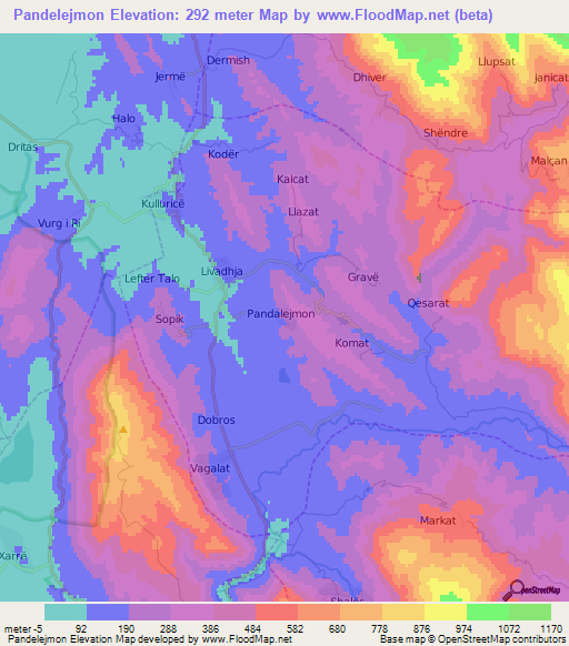 Pandelejmon,Albania Elevation Map