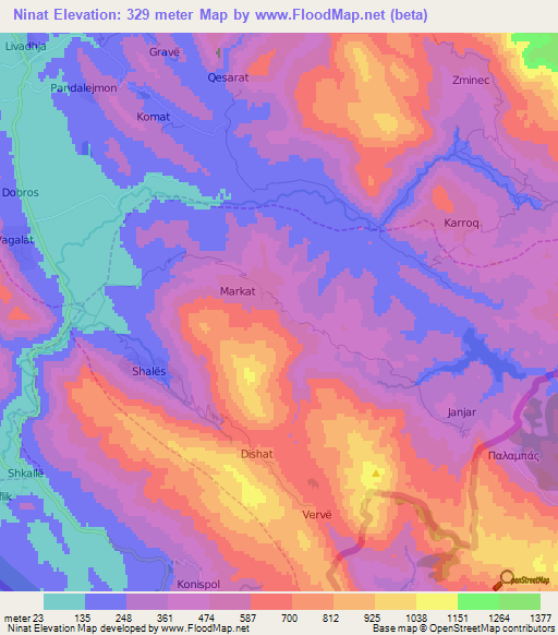 Ninat,Albania Elevation Map