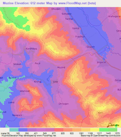 Muzine,Albania Elevation Map