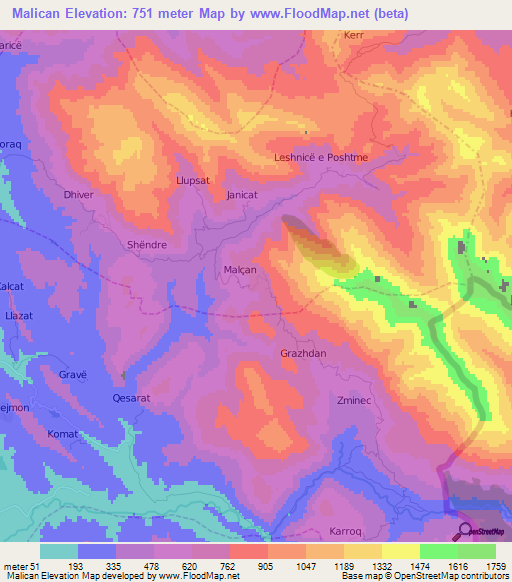 Malican,Albania Elevation Map