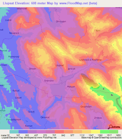 Llupsat,Albania Elevation Map