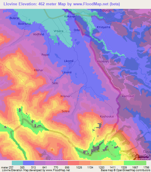 Llovine,Albania Elevation Map