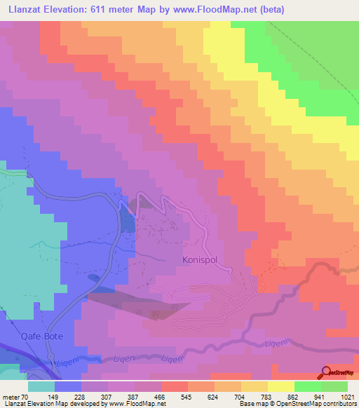 Llanzat,Albania Elevation Map