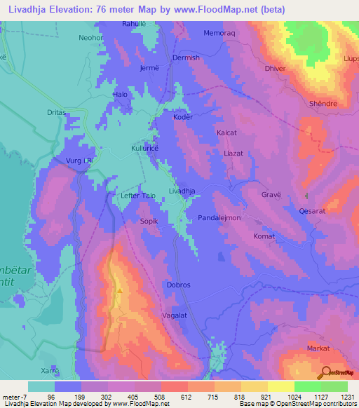 Livadhja,Albania Elevation Map