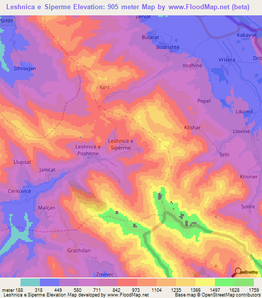 Leshnica e Siperme,Albania Elevation Map