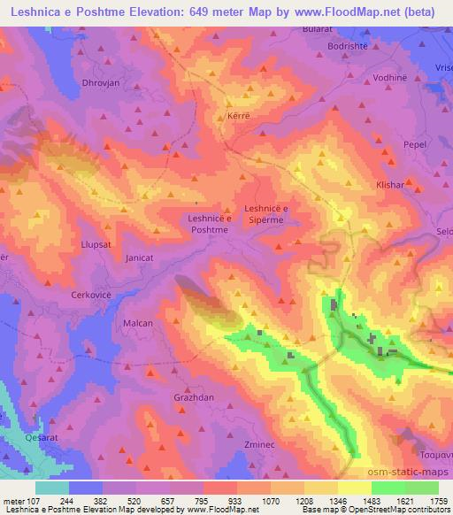 Leshnica e Poshtme,Albania Elevation Map