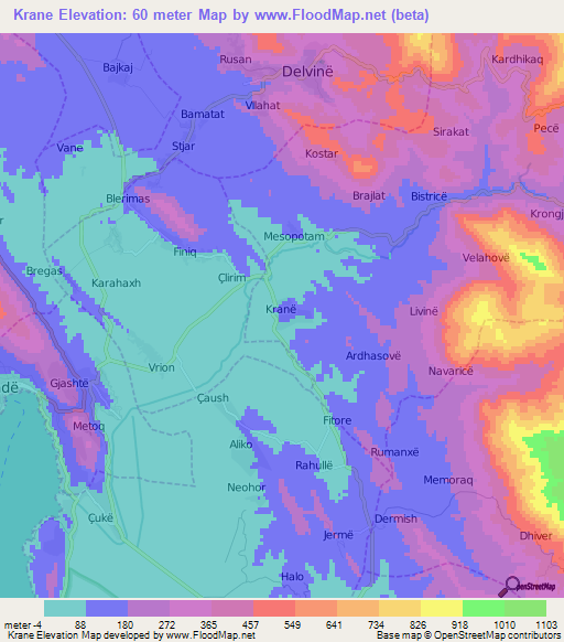 Krane,Albania Elevation Map