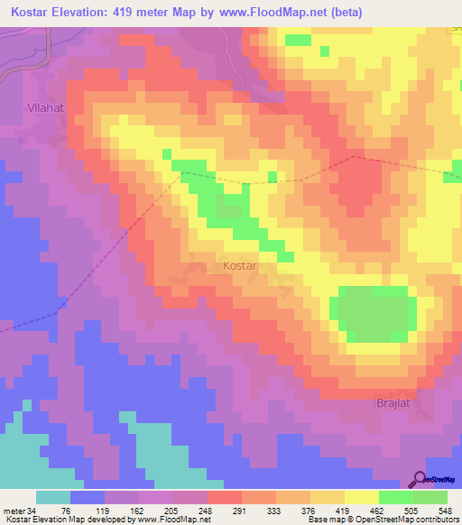 Kostar,Albania Elevation Map