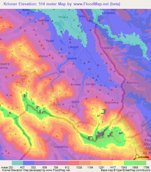 Krioner,Albania Elevation Map