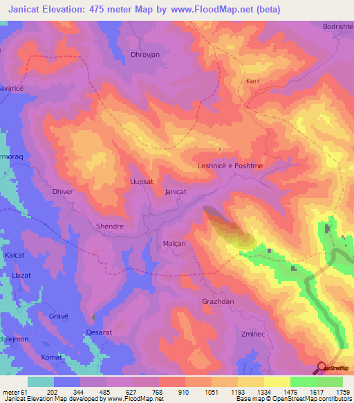 Janicat,Albania Elevation Map