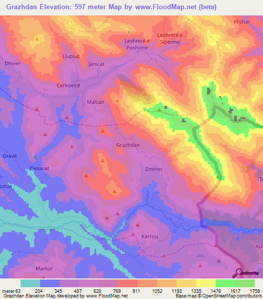 Grazhdan,Albania Elevation Map