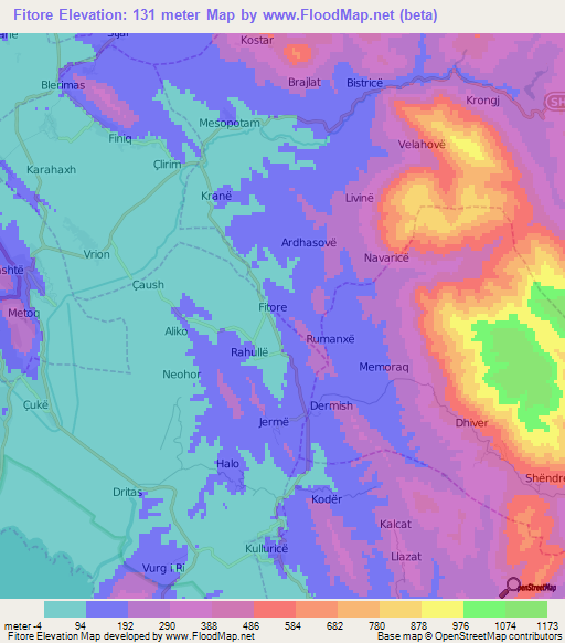 Fitore,Albania Elevation Map