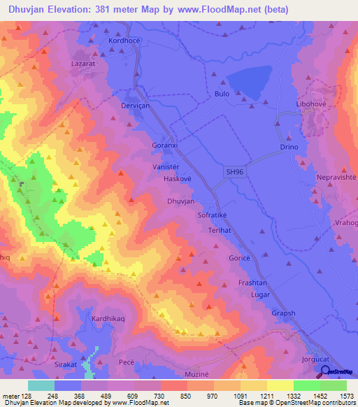 Dhuvjan,Albania Elevation Map