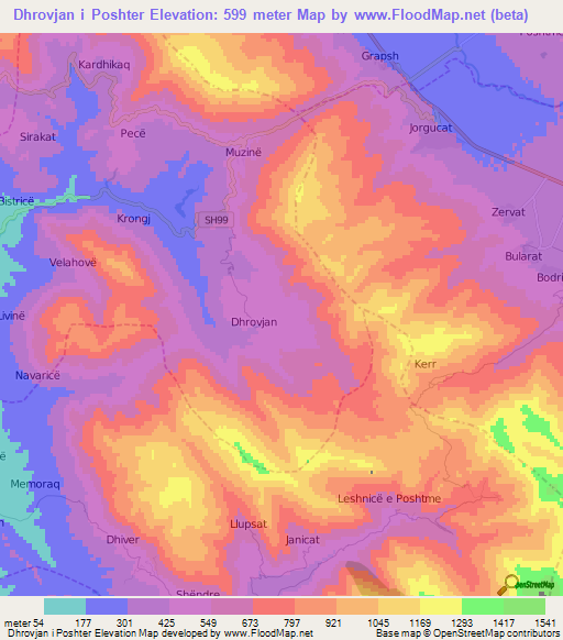 Dhrovjan i Poshter,Albania Elevation Map