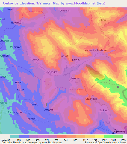 Cerkovice,Albania Elevation Map