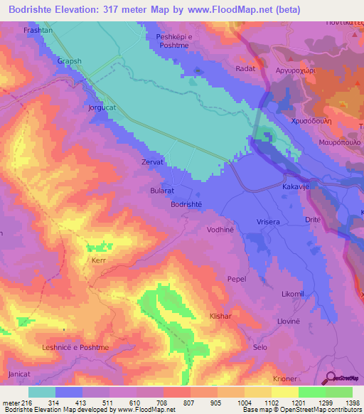 Bodrishte,Albania Elevation Map