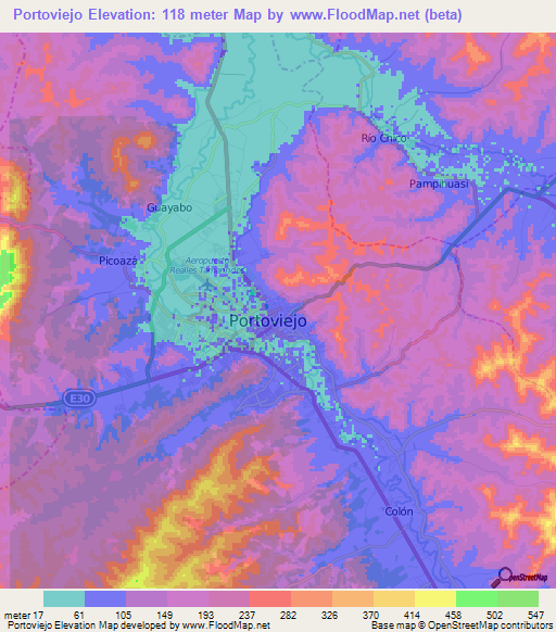 Portoviejo,Ecuador Elevation Map