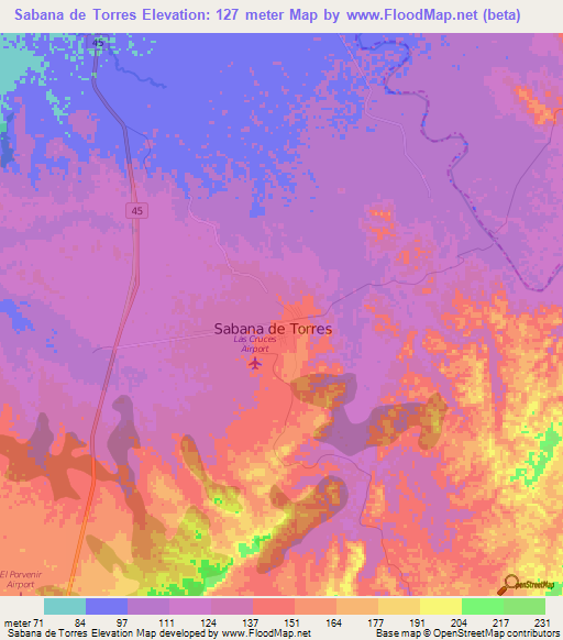 Sabana de Torres,Colombia Elevation Map