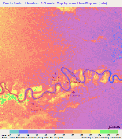 Puerto Gaitan,Colombia Elevation Map