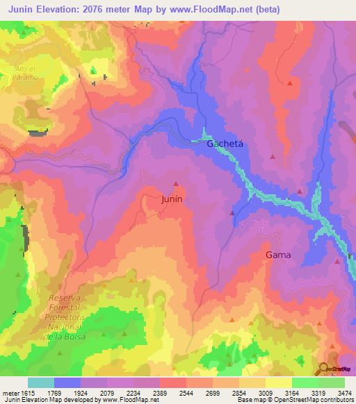 Junin,Colombia Elevation Map