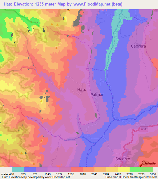 Hato,Colombia Elevation Map