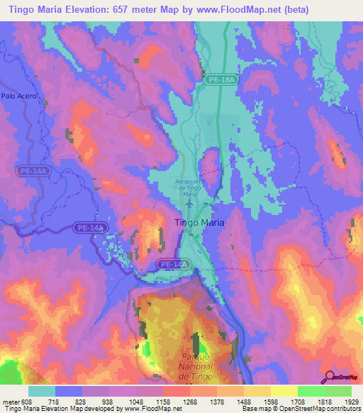 Tingo Maria,Peru Elevation Map