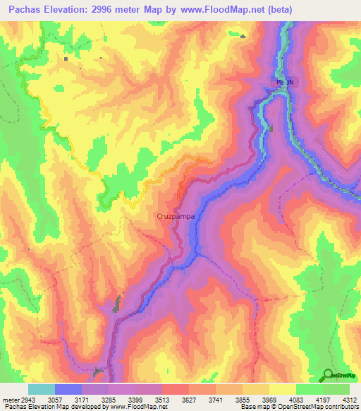 Pachas,Peru Elevation Map