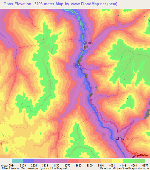 Obas,Peru Elevation Map